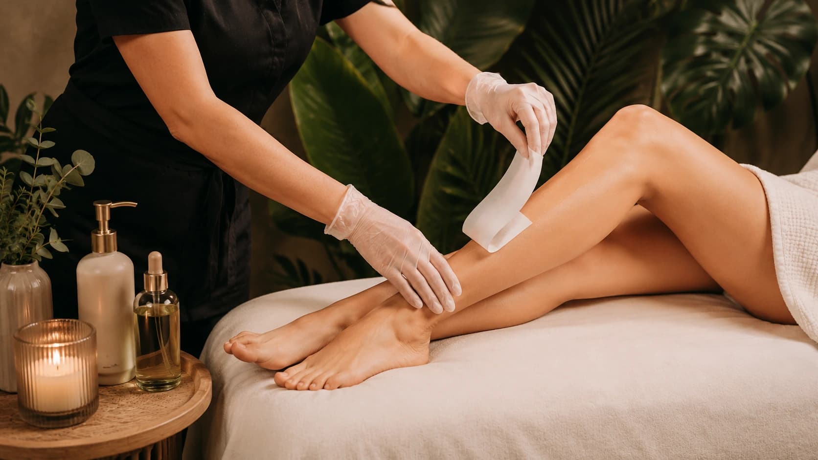 Therapist applying a wax strip to a client's leg