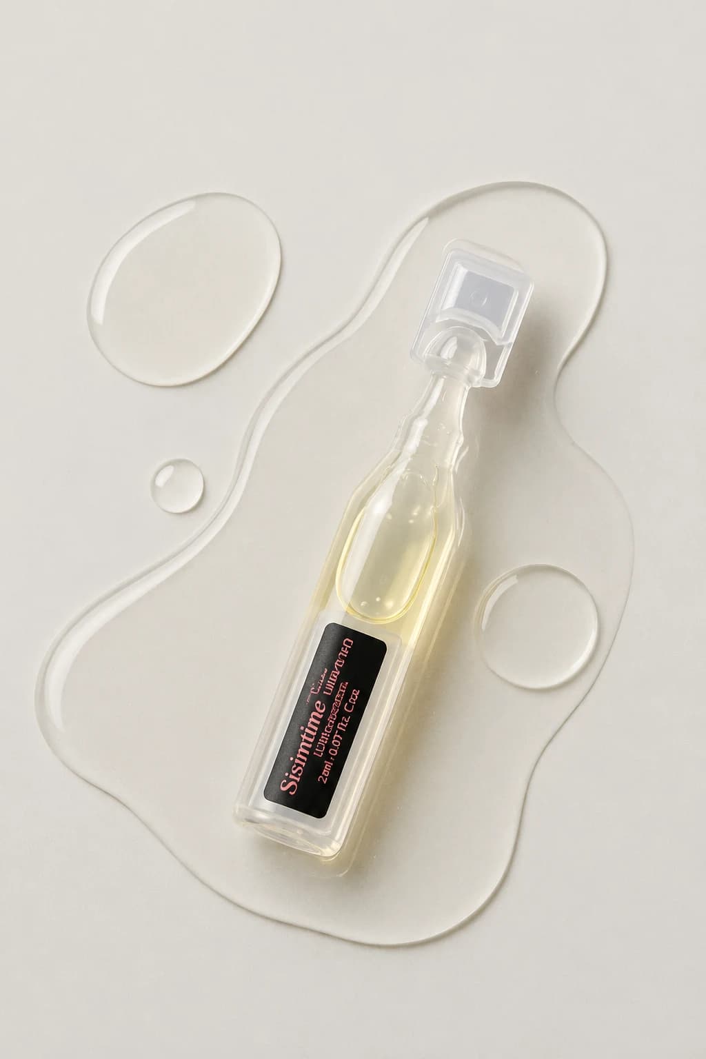 A Baby V Serum ampoule resting in a pool of clear serum