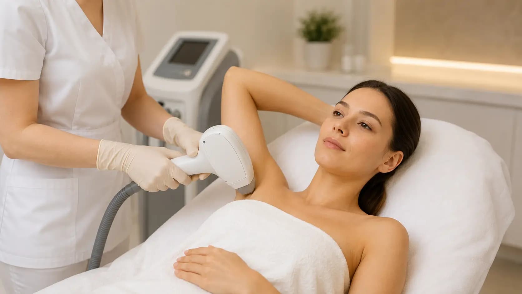 A therapist performing diode laser hair removal on a client's underarm